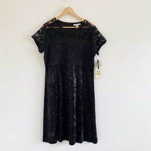 EMALINE Floral Lace/ Velvet Black Midi Dress, Size 14